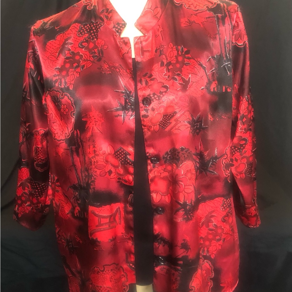 Red and Black Graphic Blouse with Mandarin Collar